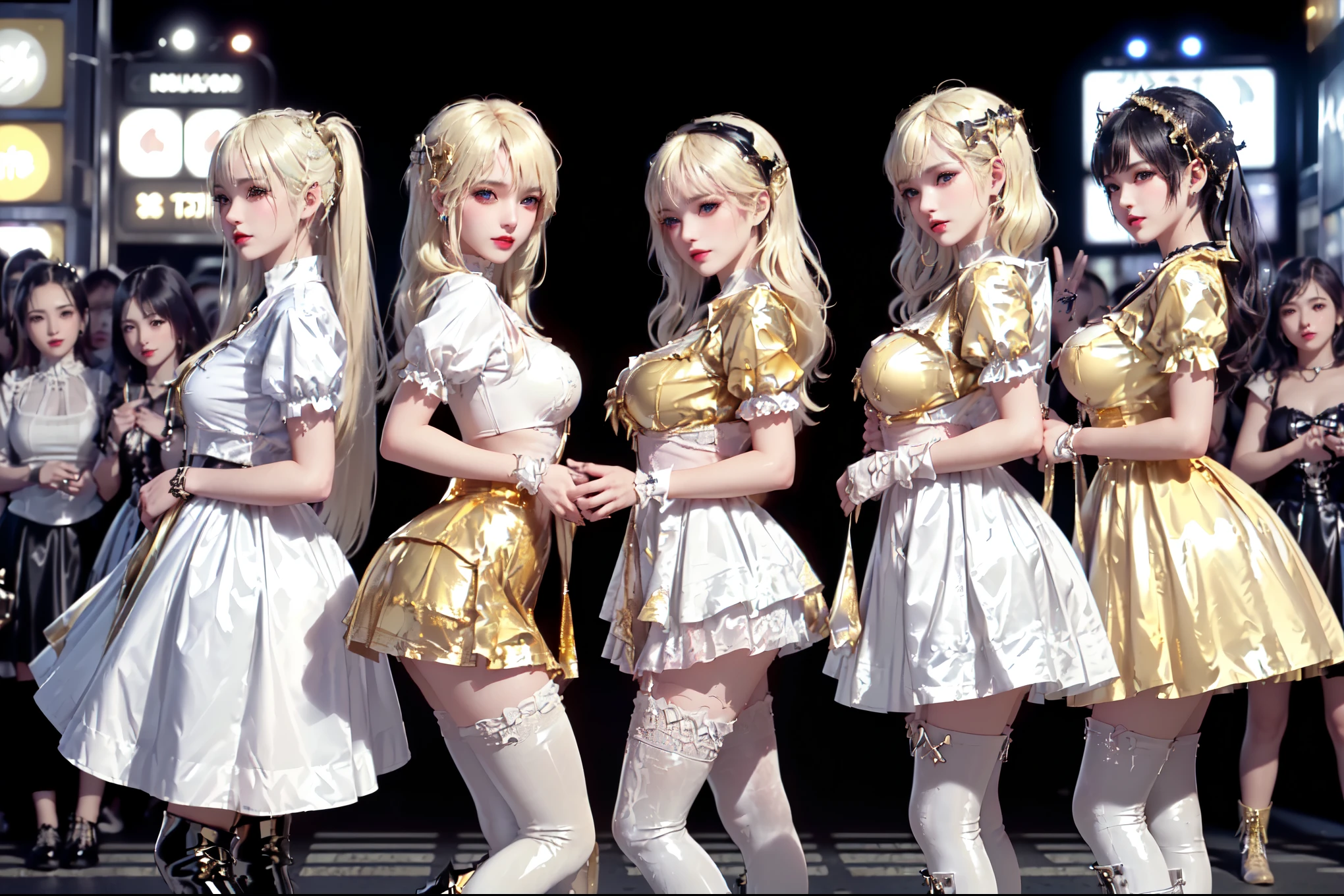 masterpiece, top-quality, top-quality, Beautifully Aesthetic:1.2, ((3 girls)),
((Middle girl is Wearing a sexy Punk ta costume, shiny Punk-Style boots, Punk makeup, lipgloss, unconventional miniskirt, petticoats:1,2), high detailed,
((Left girl is Wearing a sexy Punk Loliostume, shiny Punk-Style boots, Punk makeup, lipgloss, unconventional miniskirt, petticoats:1,2), high detailed,
((Right girl is Wearing a sexy Punk Lolita cme, shiny Punk-Style boots, Punk makeup, lipgloss, unconventional miniskirt, petticoats:1,2), high detailed,
(Three girls are standing side by side in a neat line:1.3), large breasts, firm breast, nicely shaped breasts, slender figure,
(((Bleached gold Hair))), mesh hair, (short hair:1.2),
((At the middle of very crowded Shibuya Scramble Crossing at late night:1.2)), ((Surrounded by many people dancing for Three girls)), (Full body shot:1.1), (From side:1.3), (Looking at viewer),