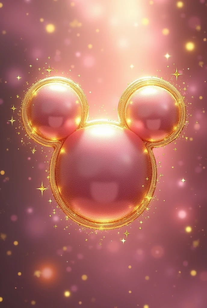 Create just the Mickey Mouse face logo, without eyes, is nose, no mouth, with a golden outline with light pink gradient, with fantasy theme, with gold stars and swirling patterns, the logo should resemble the real appearance, Predominantly pink with intricate shiny gold embellishments with rich patterns. The overall aesthetic should be magical and majestic., making the background look like a background of a fantasy realm.