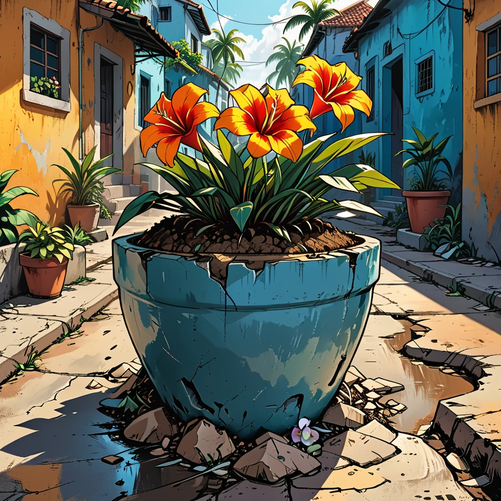 close-up, broken pot with soil and flower, roots with flower, cracks, broken pot, on a tropical street, graphic style of novel comics, 2d, 8k, hyperrealism, masterpiece, high resolution, best quality, ultra-detailed, super realistic, Hyperrealistic art, high-quality, ultra high res, highest detailed, lot of details, Extremely high-resolution details, incredibly lifelike, colourful, soft cinematic light,
