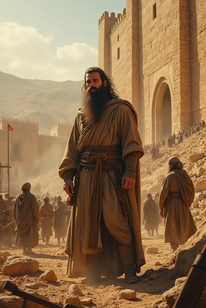 I want a beautiful image of a man with a beard and hair with many people building a big wall like in Jerusalem
