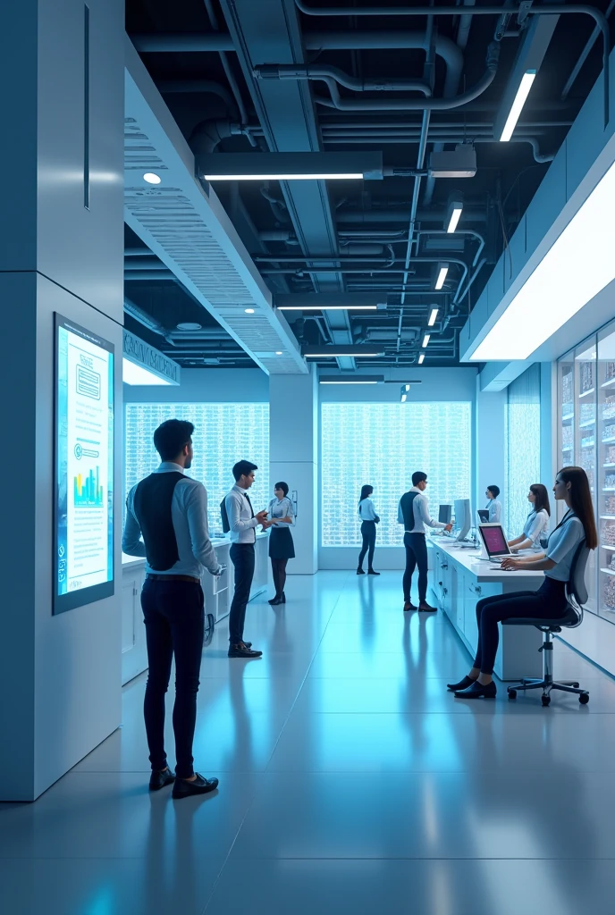 "Create a detailed image depicting the automation of technology in the service sector. Show a modern, high-tech service environment, such as a futuristic customer service center or a sophisticated retail space. Include advanced technology like robotic assistants, digital kiosks, and automated systems handling various tasks. The scene should feature robots or automated machines interacting with customers, processing transactions, and managing inventory. Use sleek, clean lines and bright, cool colors to highlight the efficiency and innovation of the technology. Include elements like digital screens, touch interfaces, and futuristic designs to emphasize the seamless integration of technology in providing services. The overall atmosphere should convey a sense of cutting-edge automation and streamlined operations in the service industry."