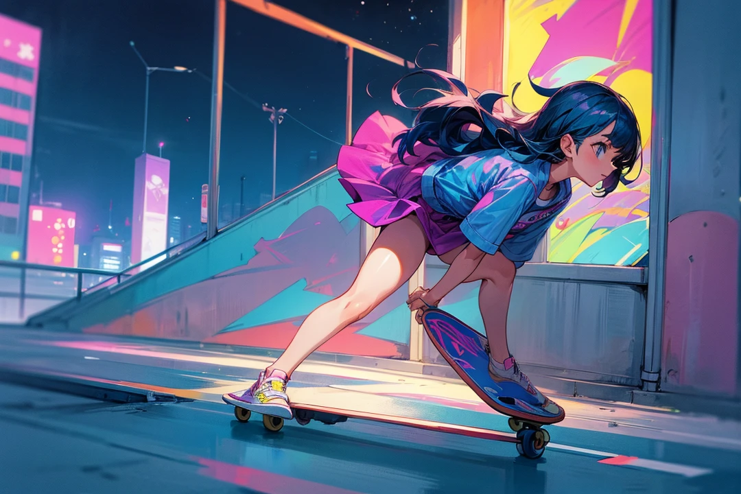 city pop style,a girl on the skateboard,night