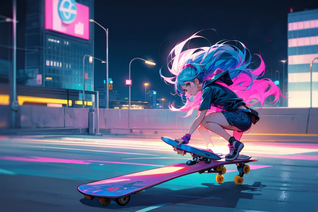 city pop style,a girl on the skateboard,night