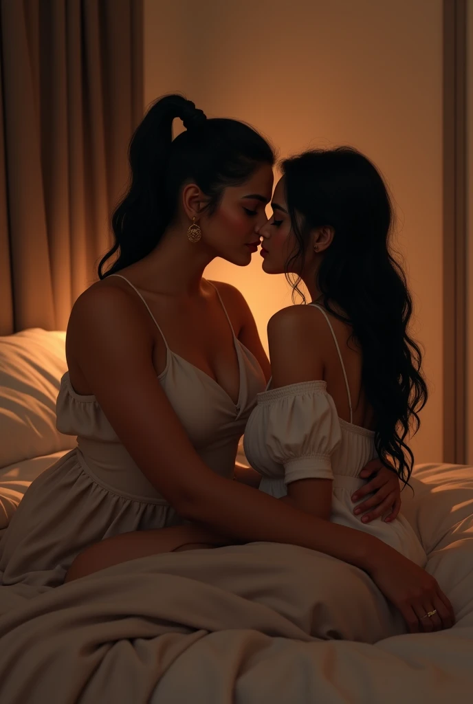 Create a image of a 25 year indian girl with long black silky hair and high ponytail style sitting on thr bed her boyfriend is kissing her neck from back