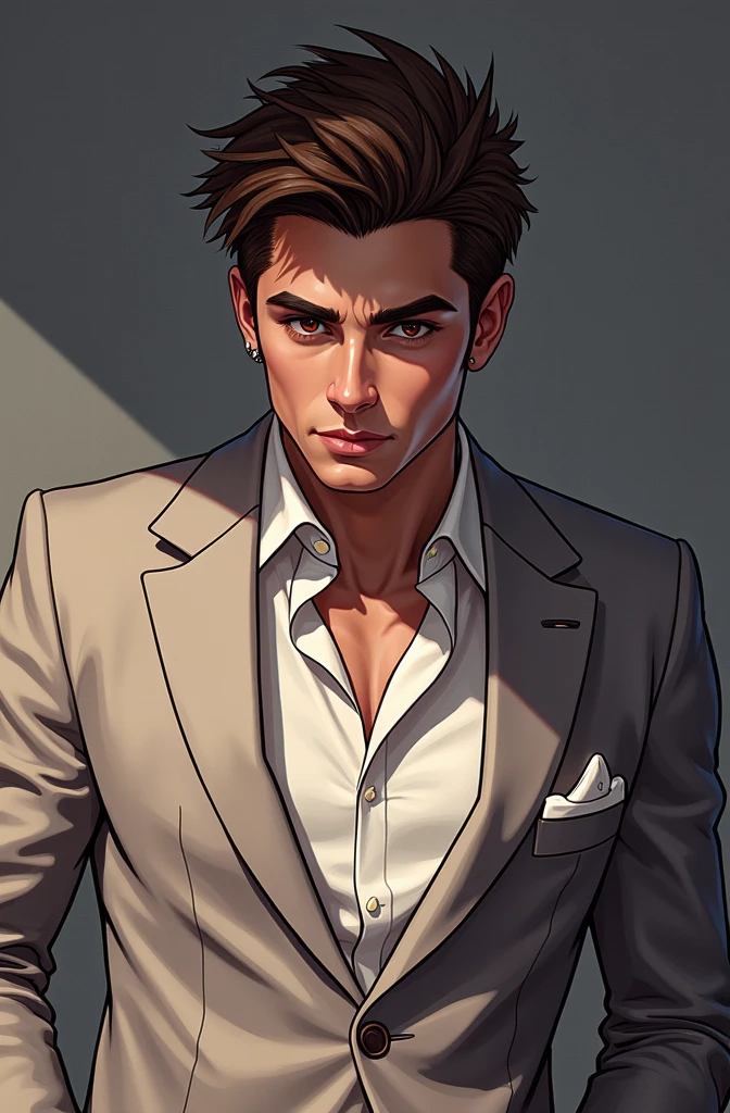 Handsome man in his early 20s、Handsome European man in his 20s、Like gay handsome guy、Please face forward、Male in his early 20s、Brown short hair,Gray suit,White shirt,Hands in pockets,