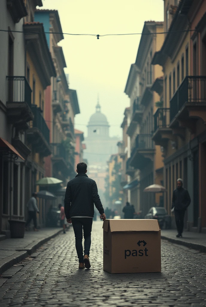 An image where you see a person walking forward and away from a box that says past and is in the city of Quito