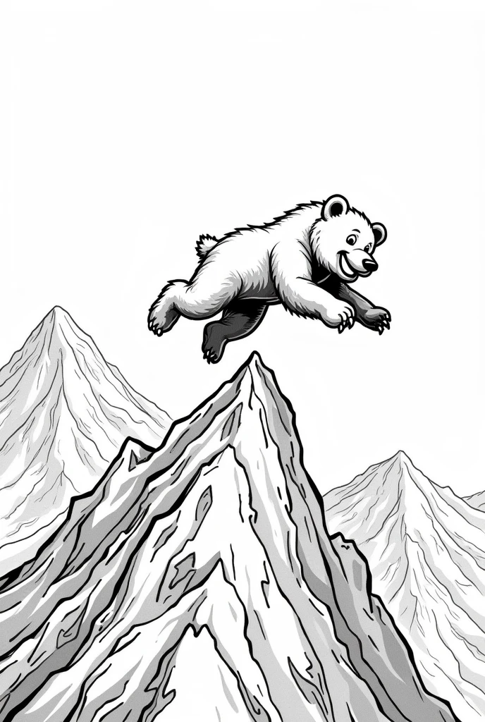 A coloring image of a little ??? bear leaping from the peak of a tall mountain. The bear is mid-air, with its body fully extended as it jumps, capturing a sense of motion. The background features rugged mountain cliffs, a clear sky, and distant snow-capped peaks. The scene is dynamic and intense, with the bear's fur ruffled by the wind and the sunlight casting dramatic shadows on the rocky terrain below. No color, strokes only, cartoon style, white background, thick lines