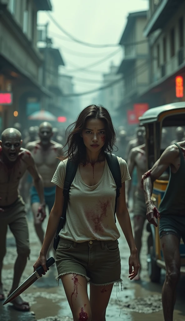 A woman clothes stained with blood, hand holding knife, carry a backpack. The area is Thai urban street with tuk-tuk car behind. Zombies are around trying to reach her