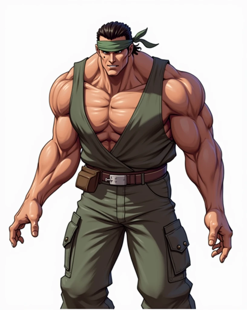 male,individual,Strong Man,Powerful,Green tight vest,Green pants,Black short hair,Black scum,Green bandana