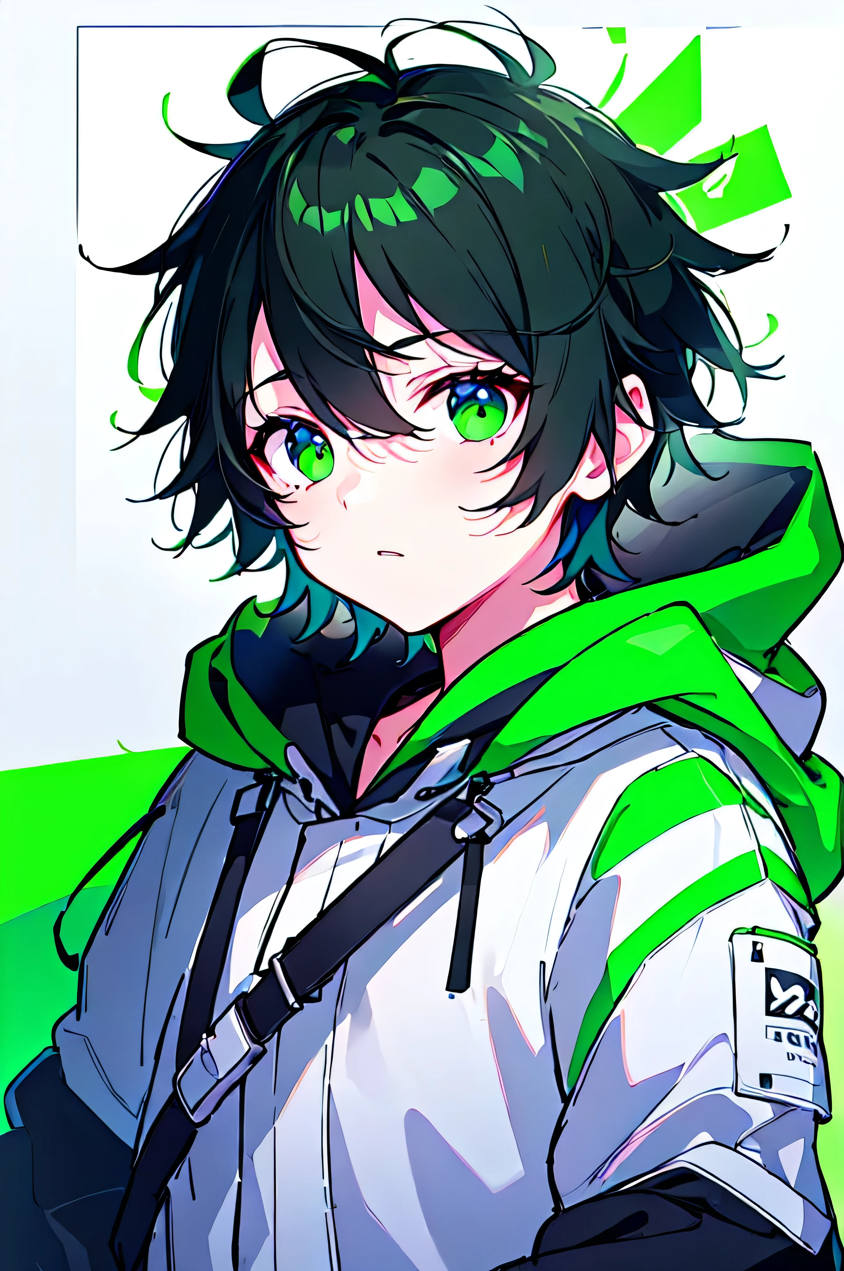 [(WHITE BACKGROUND:1.5),::5], (((masterpiece))), high quality, ultra_very_high_resolution, large_filesize, (upper body), (green base), full color, ((solo)), ((little boy)), ((men's black short hair)), green eyes, anime, neon light, black parka,