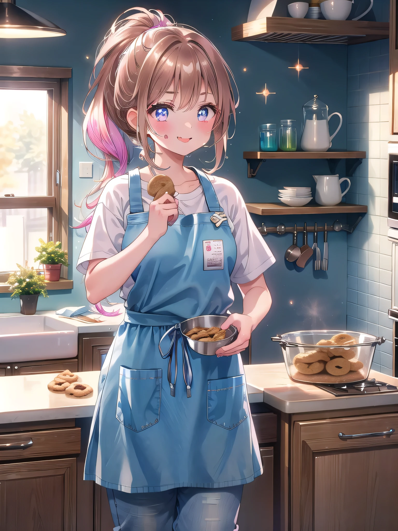 ((8k, Highest quality, masterpiece: 1.3)),Ultra-high resolution,(1 girl, alone), (Color changing eyes, Ultra-detailed, Expressive brilliance, Glitter, Glowing Eyes), Highly detailed eyes, Highly detailed face, Random Hair, ((pastel colour))A young girl with long, straight brown hair tied back in a ponytail is in the kitchen, rolling out dough on a floured countertop. She’s wearing a cute, pastel-colored apron over a white T-shirt and jeans. Her expression is one of pure concentration, her brow furrowed slightly and her tongue poking out just a bit in a playful, focused manner as she works. Occasionally, she glances up at the camera with a proud smile, showing off her progress. The kitchen is warm and inviting, with the aroma of freshly baked cookies filling the air, and the counter is cluttered with baking ingredients and cookie cutters.