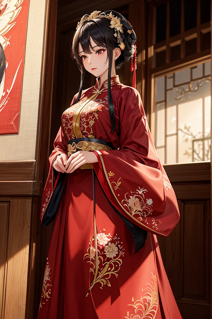 A strikingly elegant Chinese bride adorned in a breathtaking red spider lily scene, her attire rich with intricate details and vibrant colors. This mesmerizing portrait captures her delicate beauty and cultural heritage with stunning precision. The image, possibly a painting or photograph, exudes a sense of grace and tradition, drawing the viewer into a world of timeless elegance and enchantment. The bride's gaze is captivating, her attire a masterpiece of craftsmanship, making this a truly exceptional and captivating visual experience.