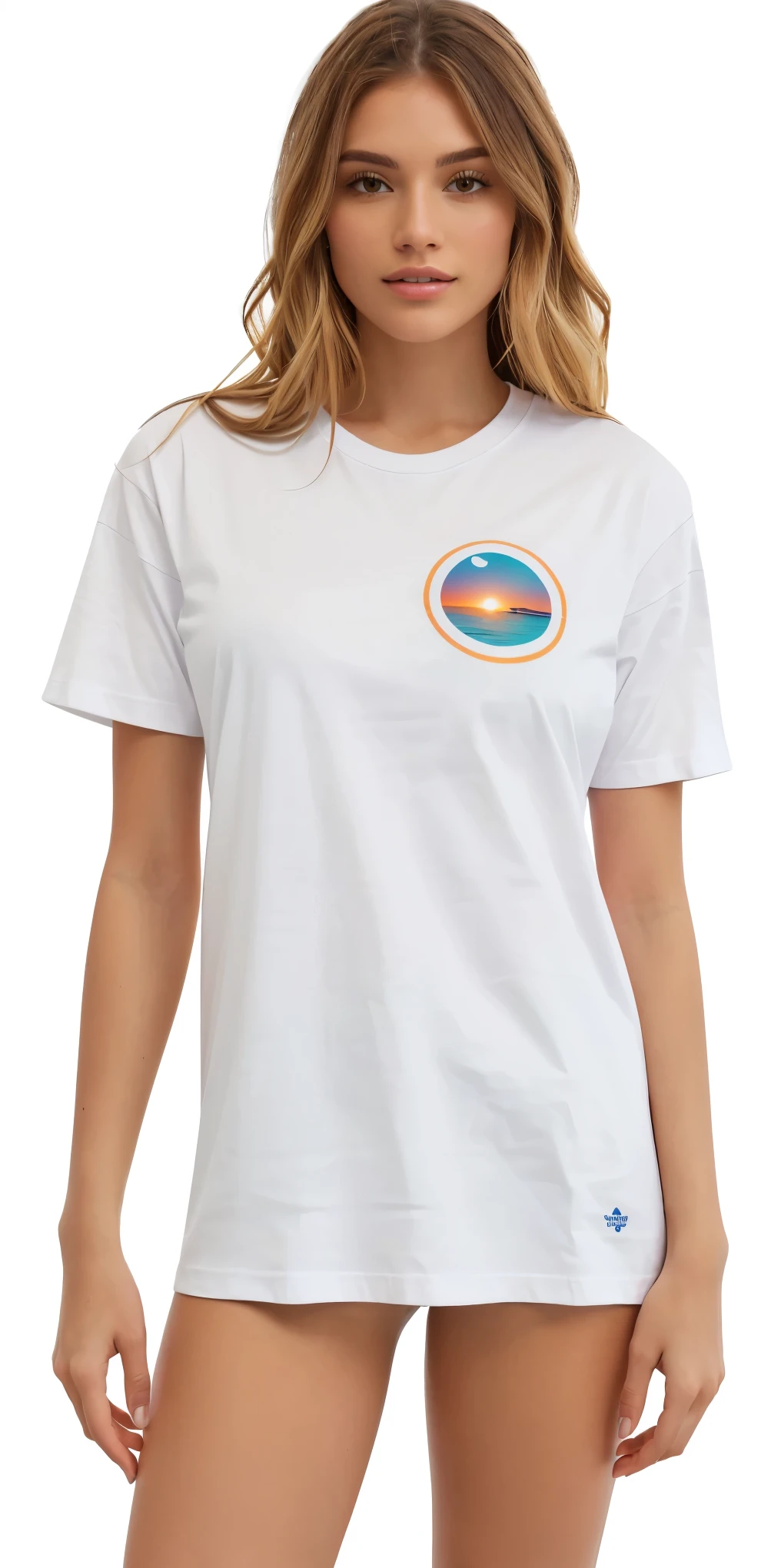 a woman wearing a white shirt standing in front of a white background, white tshirt, white t - shirt, white t-shirt, full height view, official product photo, graphic print, sunset view, sunset sunrise, graphic tees, wearing a t-shirt, dressed in a white t shirt, full length view, ocean dept, full image, t shirt design