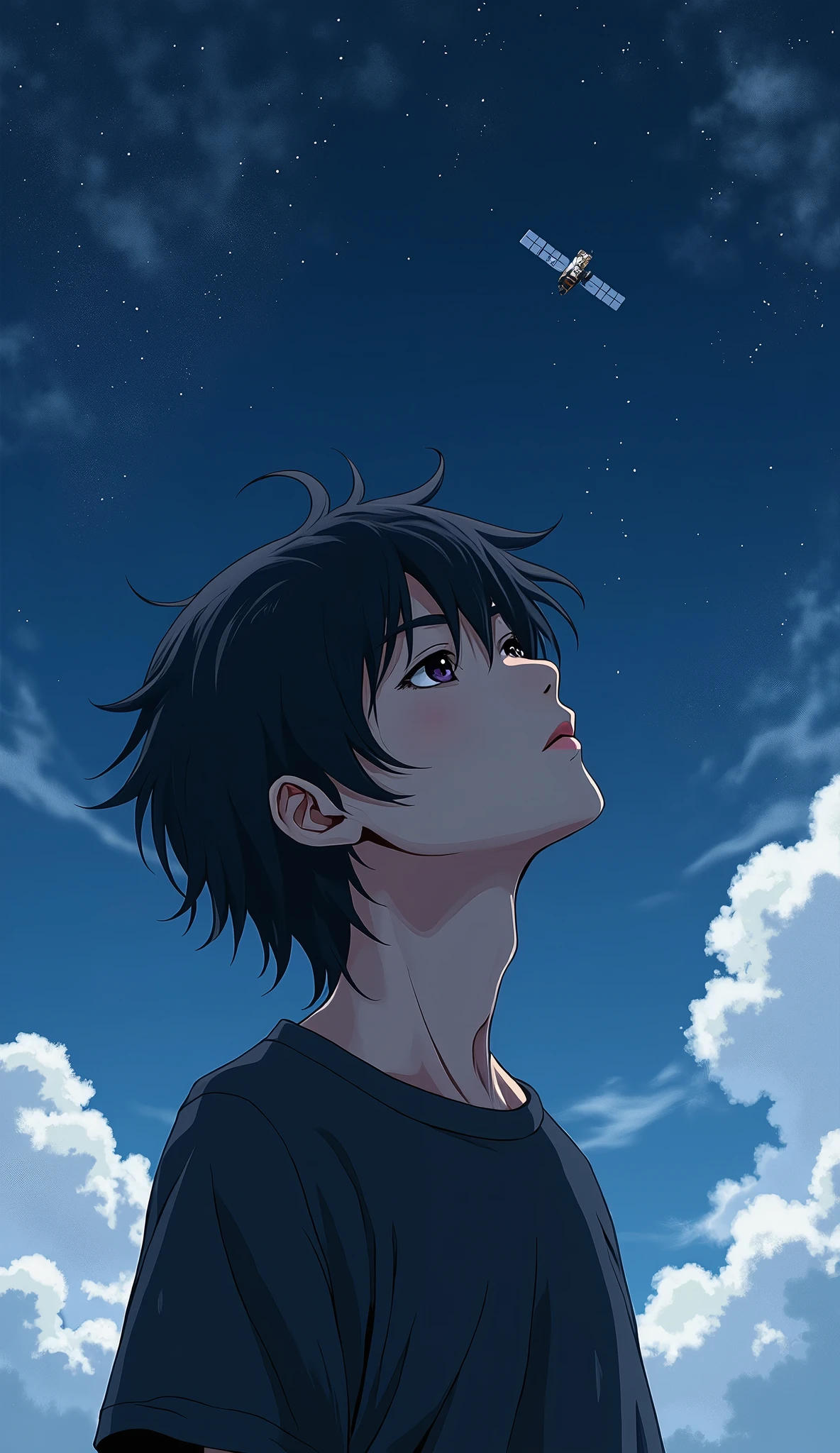 Boy with depression、Japanese、Beautiful Boy、Long Hair、Black T-shirt、Ultra Close-Up、Close-up of face、Real、artificial satellite、Starry Sky、Looking up at the sky、Cloudy、Highest quality、Masterpiece
