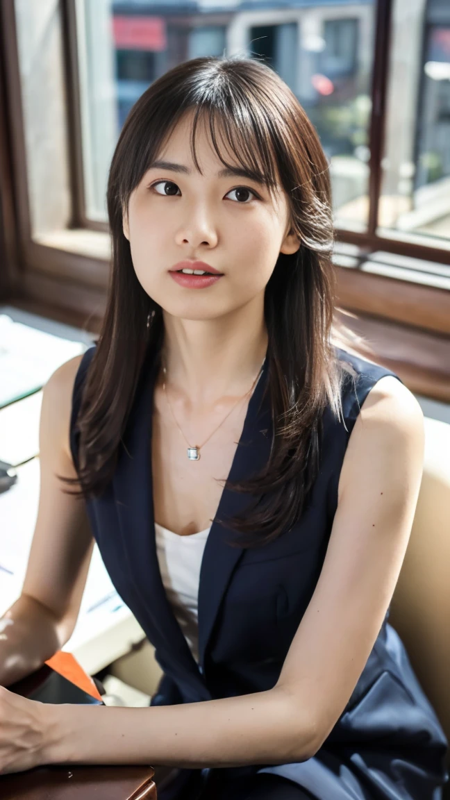 (top-quality, 16K, ​masterpiece:1.3), (ultra detailed), (masterpiece), (best quality), Highest quality, Realistic, Surreal, Highest quality, Extremely detailed CG, Very delicate, 16K wallpaper, High resolution, A woman in a management position at a prestigious company, 3, beautiful woman, ((Silky hair:1.2)), (beautiful straight medium hair:1.2), ((orgasm:1.5)), ((ecstasy:1.5)), (mole under eye:1.2), ((UNTITLED business suit:1.2)), ((Very simple necklace)), With a large window Japanese office, ((Working at desk:1.5)), Japanese, slender body, very detailed, detailed fingers, detailed hands, detailed eyes, detailed legs, accurate and perfect human anatomy, real human skin, BREAK ((upper body:1.5)), ((look into the viewer's eyes:1.5)), ((looking at viewer:1.5)), ((Front view:1.5)), ((from front:1.5)),