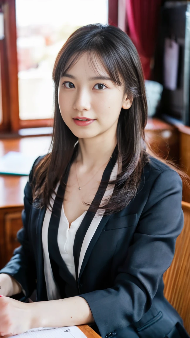 (top-quality, 16K, masterpiece:1.3), (ultra detailed), (masterpiece), (best quality), Highest quality, Realistic, Surreal, Highest quality, Extremely detailed CG, Very delicate, 16K wallpaper, High resolution, A woman in a management position at a prestigious company, 3, beautiful woman, ((Silky hair:1.2)), (beautiful straight medium hair:1.2), ((orgasm:1.5)), ((ecstasy:1.5)), (mole under eye:1.2), ((UNTITLED business suit:1.2)), ((Very simple necklace)), With a large window Japanese office, ((Working at desk:1.5)), Japanese, slender body, very detailed, detailed fingers, detailed hands, detailed eyes, detailed legs, accurate and perfect human anatomy, real human skin, BREAK ((upper body:1.5)), ((look into the viewer's eyes:1.5)), ((looking at viewer:1.5)), ((Front view:1.5)), ((from front:1.5)),