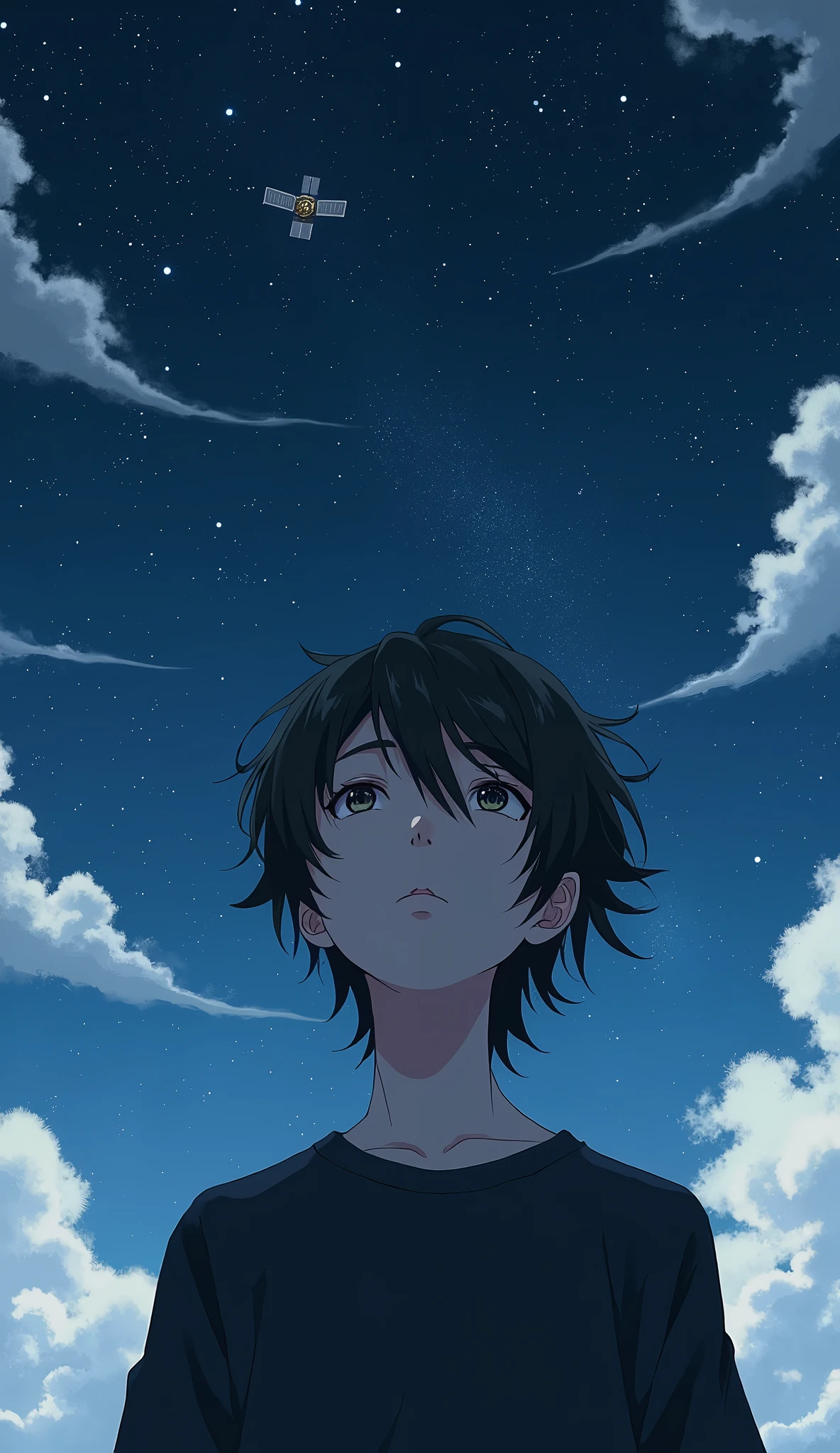 Boy with depression、Japanese、Beautiful Boy、Long Hair、Black T-shirt、Ultra Close-Up、Close-up of face、Real、artificial satellite、Starry Sky、Looking up at the sky、Cloudy、Highest quality、Masterpiece
