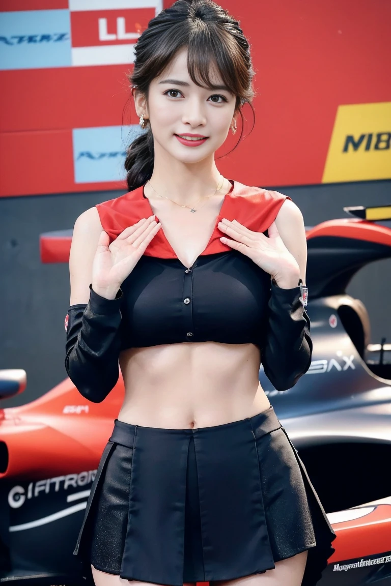 (masterpiece), ( MotoGP Racing Girls), (eyeliner:0.5),(blush:0.5), Black Hair, A faint smile, beautifully繊細な少女を指す, Highly detailed eyes and face, beautifully繊細な目, , ((Event List)), (MotoGP track background), (Highest quality, High resolution, reality, original, 8k,masterpiece, ),(((Dynamic pose))),(((Central Perspective))),(((Show the underside of the chest ))),(((Red miniskirt lift))),(((Bare inner thighs))),(((F1 cars on display))), (Vibrant colors:1.2), (beautifully),