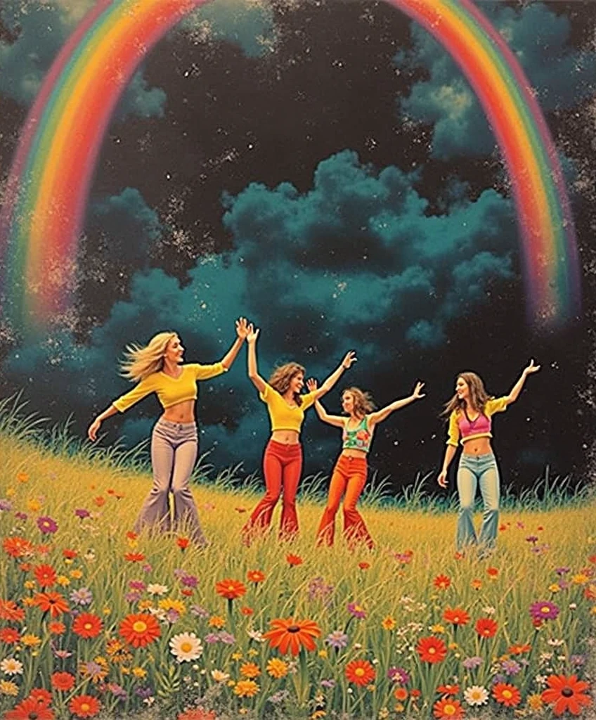 Surrealism,retro tone,Distressed texture,Hippies in rainbow-colored outfits dance on a meadow full of flowers,A huge rainbow rises in the black sky in the distance,