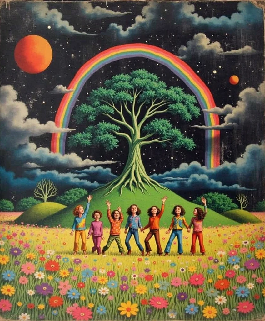 Surrealism,retro tone,Distressed texture,Hippies in rainbow-colored outfits dance on a meadow full of flowers,A huge rainbow rises in the black sky in the distance,