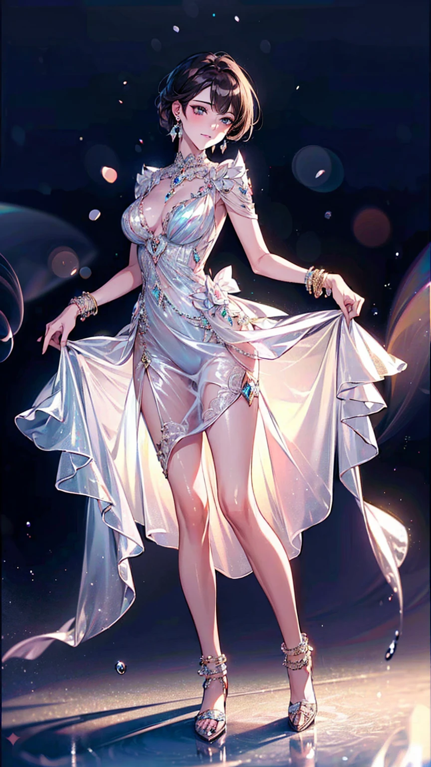  ((high detail, high quality, best picture, Masterpiece, 8k, delicate and dynamic depiction)), summer sunshine, On a white terrace facing the sea, foggy filter effects, glitter effects, full body standing, sexy pose, beautiful woman in her 20s with medium breasts, she is wearing a Gorgeous and voluminous reflectiv party dress, made of lots of fabric, Luminous design, shiny glossy iridescent clothes, shiny glossy gradient iridescent clothes, shiny reflective clothes, pastel colors, earrings or pierced earrings, bracelet,anklet and ｍore many accessoris, reflectiv lighting, ink drops, Bokeh, Pale, soft gradient,