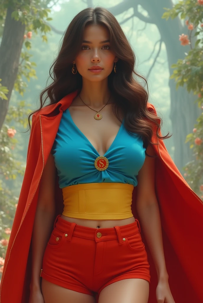 A SEXY BUSTY TEEN FEMALE WEARING A 1970  OPEN V BUTTONLESS FULL LENGTH BLUE V BLOUSE WITH A SMALL "S" EMBLEM ON THE RIGHT SIDE OF HER CHEST, A PAIR OF RED SHORTS WITH A YELLOW BELT, TALL RED HEELED BOOTS, AND A LONG FLOWING RED CAPE.