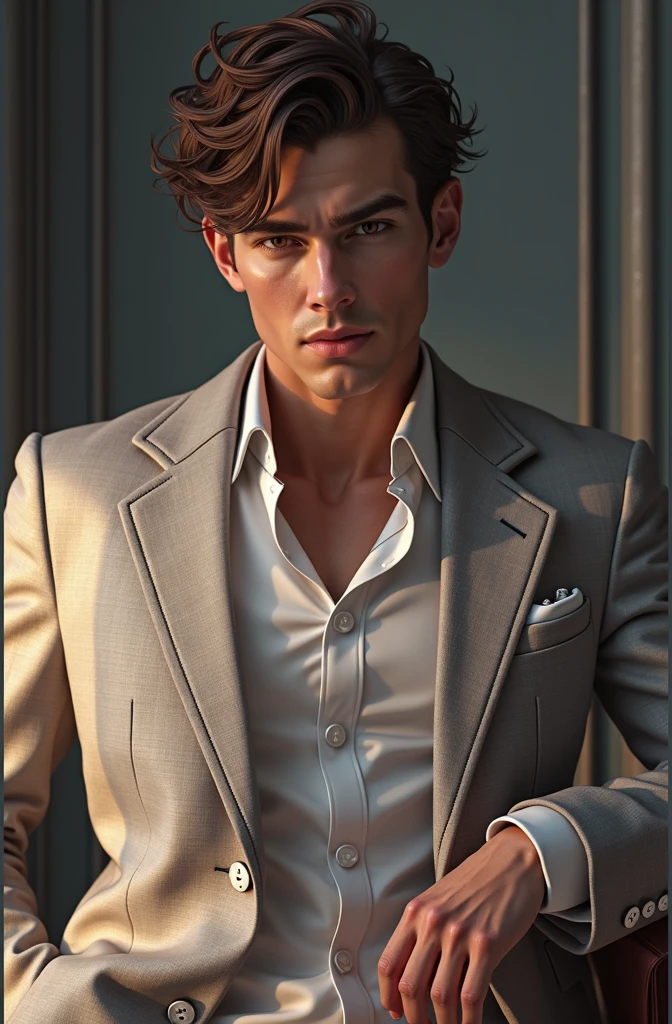 Handsome man in his early 20s、Handsome European man in his 20s、Like gay handsome guy、Please face forward、Male in his early 20s、Brown short hair，Gray suit，White shirt，Hands in pockets，