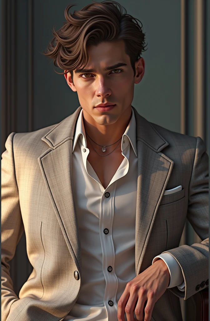 Handsome man in his early 20s、Handsome European man in his 20s、Like gay handsome guy、Please face forward、Male in his early 20s、Brown short hair，Gray suit，White shirt，Hands in pockets，