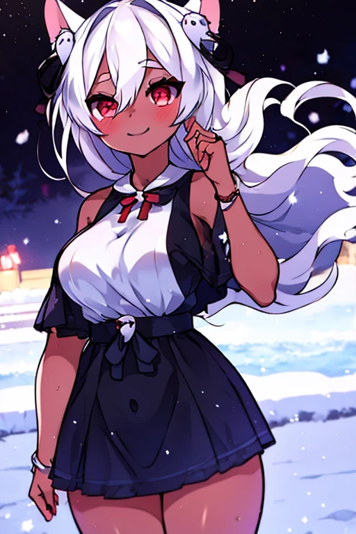 Produce an anime-style image, The girl, skin black, , it has ((Red eyes)) charming. {dark-skinned} hair as white as snow, The girl de corpo inteiro,  Possession of a goddess