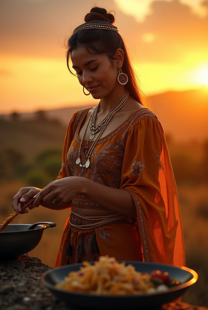 Photograph of a beautiful Colombian indigenous woman, cooking delicately, at sunset, where gold and white are the colors that stand out the most