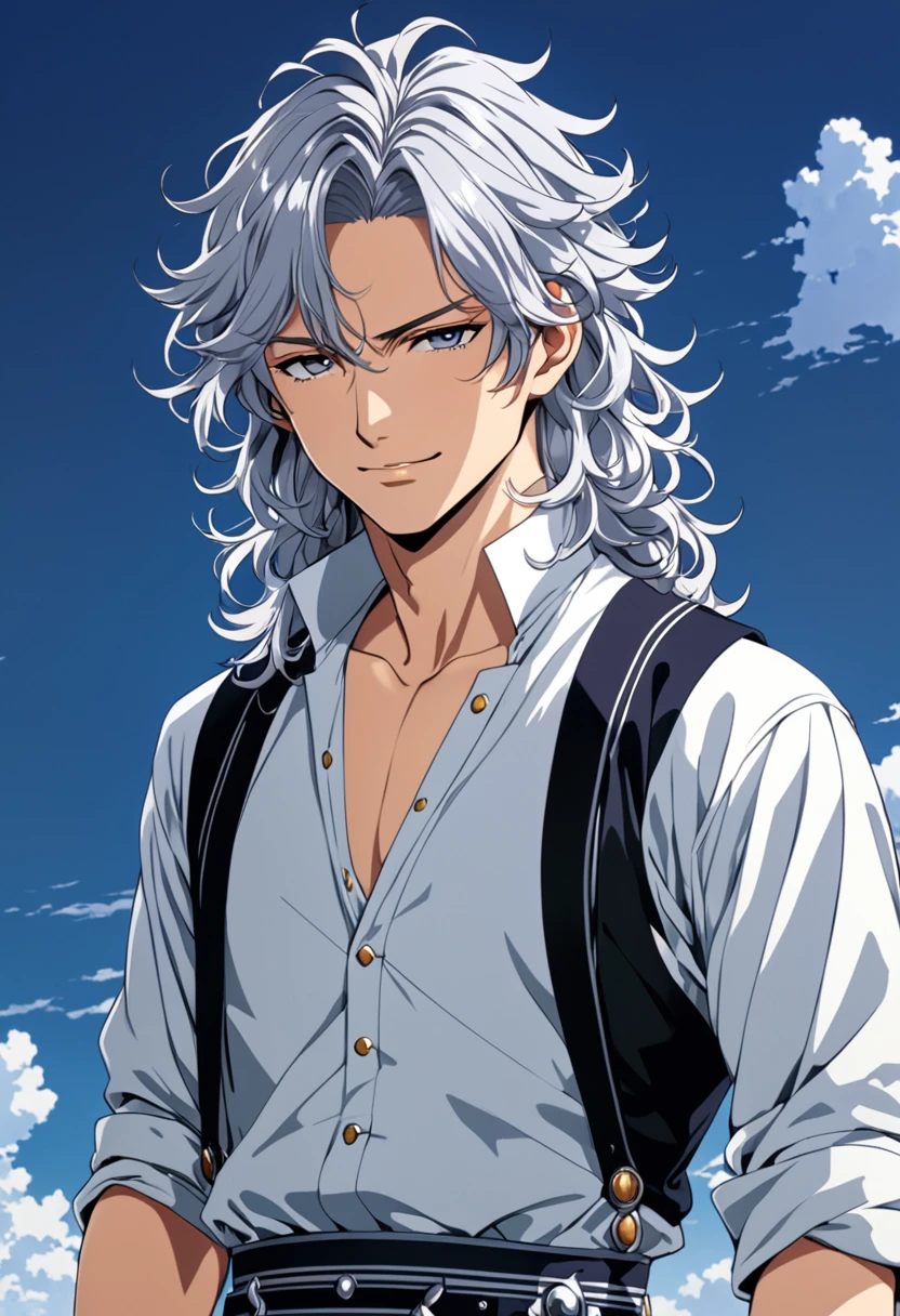(masterpiece), (high resolution, 8k), (high detailed), man, lean body, (long waist length wavy messy hair(silver colored)), beautiful face, (close mouth:1.2), tired smile, 2000 era outfit, anime style, unaestheticXL_bp5, SimplePositiveXLv2