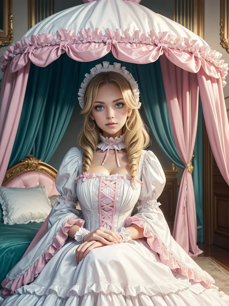Photography,realistic,highest quality, masterpiece, highest resolution, artwork, super それにget used to it, many get used to it, get used to it, それにget used to it,(), (),(cute woman),(2),((white skins)),((blond hair)),((blue eyes)),the woman,big breasts, very long eyelashes, half open mouth, pink shiny lipgloss, is a princess,((girly green and white satin fabric)), ((A Victorian ballgown princess dress with plenty of pink ruffles and bows and a voluminous full-length hoop skirt.)),long sleeve,long dress,A dress with lots of frills and ribbons..,luxury, ((Palace bedroom)), ((Huge luxury victorian canopy king size princess’s bed)), lots of frilly pillows,ruffle bed skirt,sitting on the bed,high quality beautiful girl,high quality dress,high quality princess’s bed,