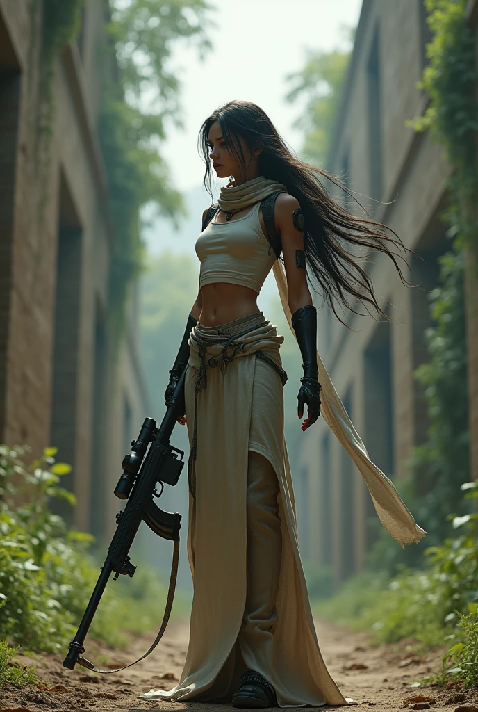 random view angle, skinny female cyborg, confidence, futuristic aerodynamic heavy mechanical arm, sniper, extremely long voluminous hair, long scarf, crop tank, low-rise maxi skirts, strong directional wind, old abandoned overgrown ruins, 3d art, unreal engine