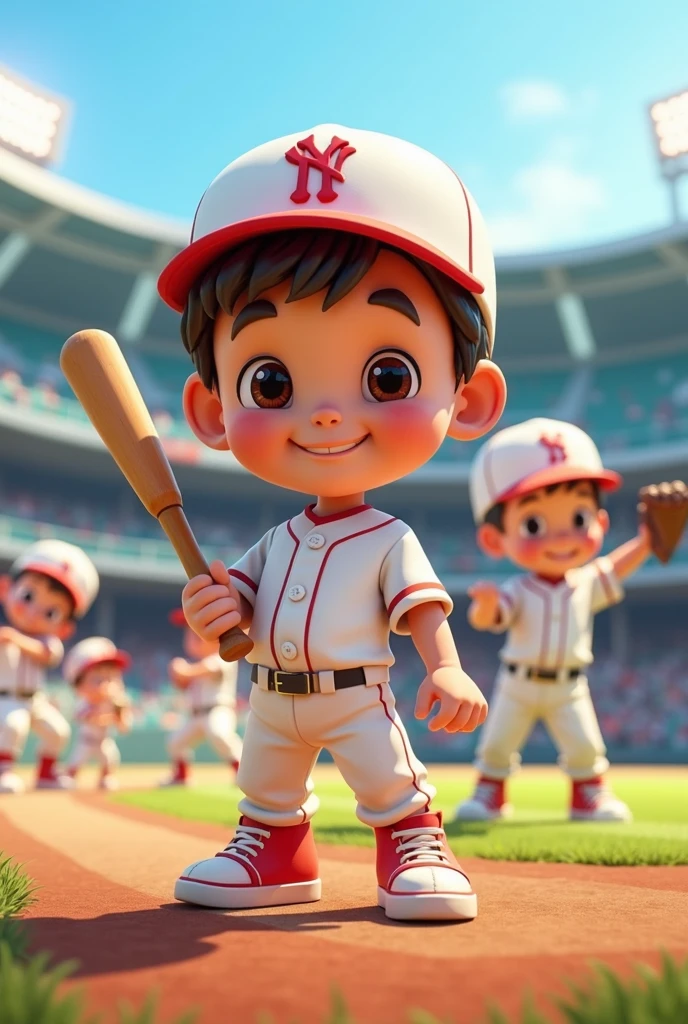 Very cute boy baseball player holding bat in hand baseball player white hat jersey sneakers very cute smiling looking at the audience
( perfect anatomy ) Beautiful and extremely fine texture,detailed, bright, Animation style high definition and high quality presentation,There should be 9 baseball players with different actions.