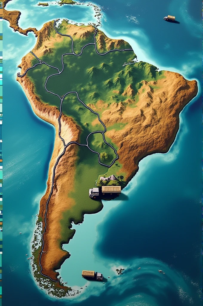 Map of South America and trucks arriving at the sea by road