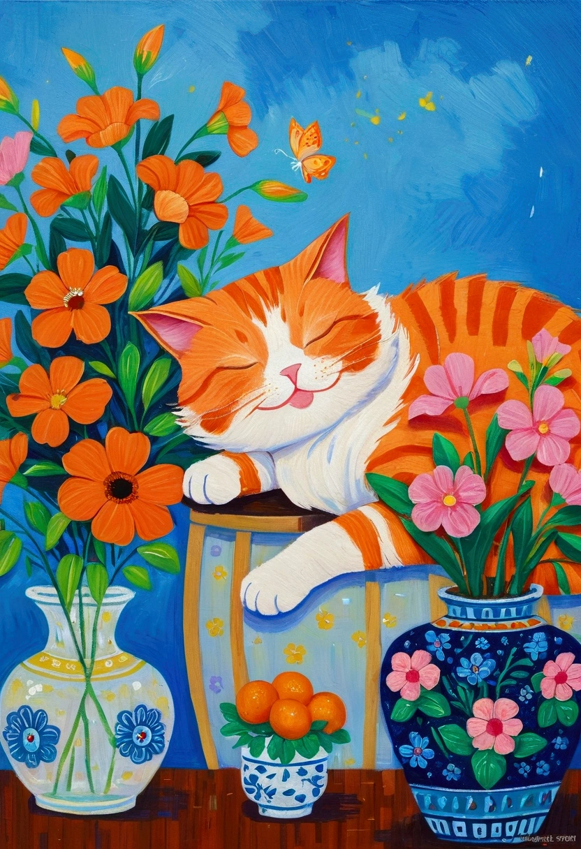 A drawing of a happy orange cat sleeping next to a vase of flowers, Acrylic paintings by Shi Tao, Popular on Reddit, realism, The cat is smiling, [ painting ]!!, a A painting of a cat, A painting of a cat, Smiling cat, professional painting，Blue Background

