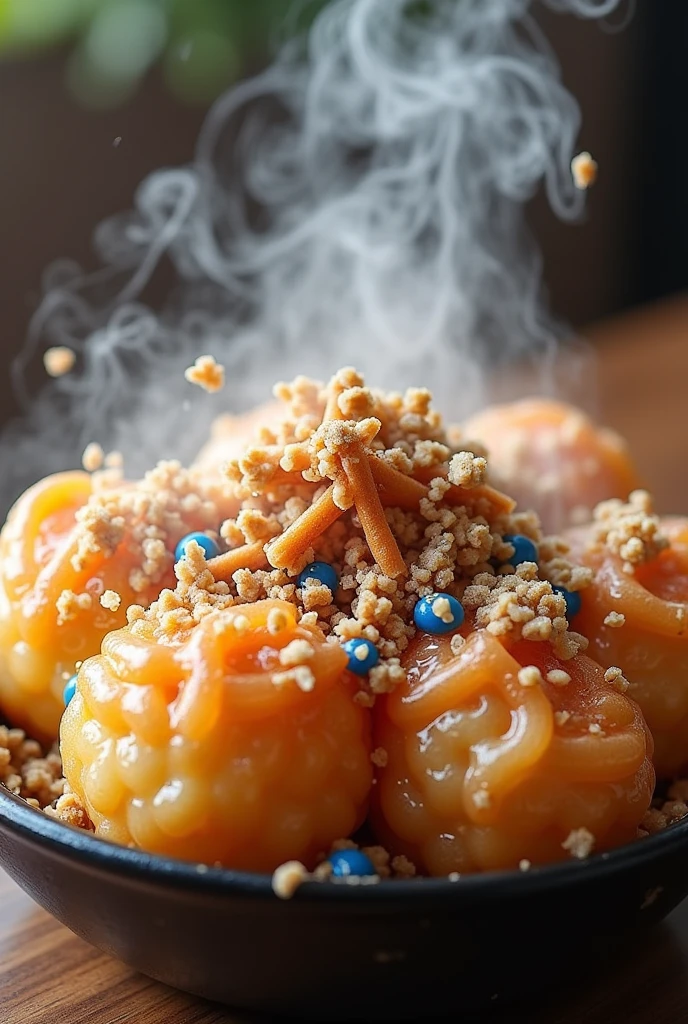 high resolution、high quality、Real、Realistic、Realな質感、Realistic、Takoyaki、Bonito、mayonnaise、Blue glue、steam、