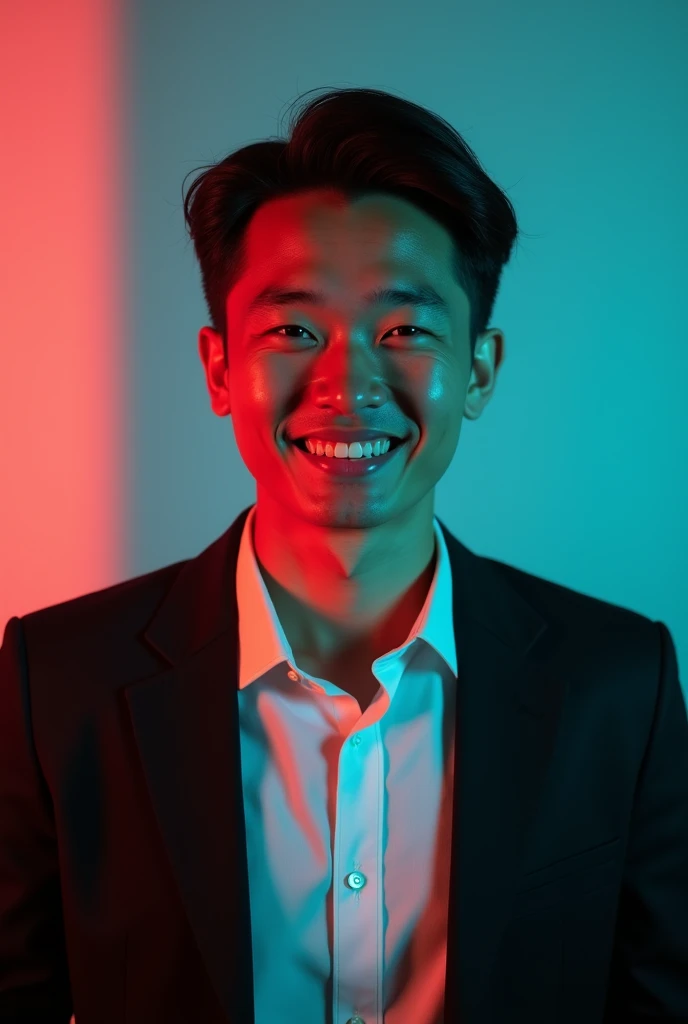 A young man with dark hair and a confident smile. He is dressed in a black blazer over a white shirt. The man is positioned against aqua colour backdrop with a subtle red lighting on the left side. and he posing for LinkedIn profile