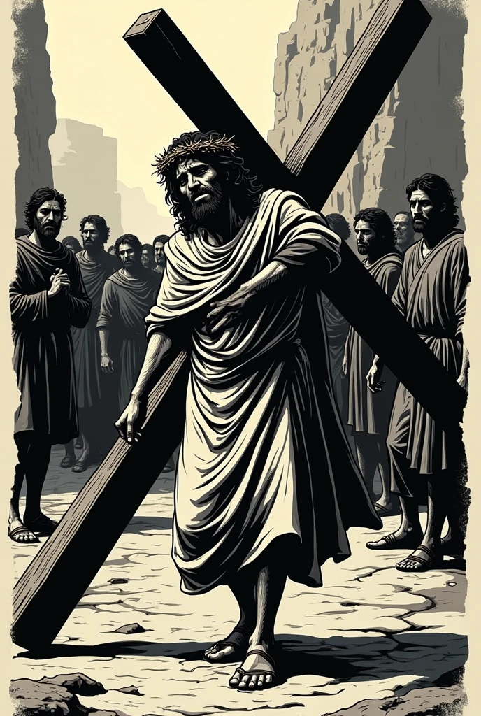 Create a woodcut-style image of a man with black features, carrying a cross. He is dressed in typical first century Middle Eastern clothing., Like a simple tunic and sandals. in the head, he wears a crown of thorns. Facial expression should convey deep pain and suffering, reflecting a moment of intense distress. The image should have striking contrast and textured details., characteristics of woodcut, with strong lines and shading to emphasize the expression and emotional charge of the scene.