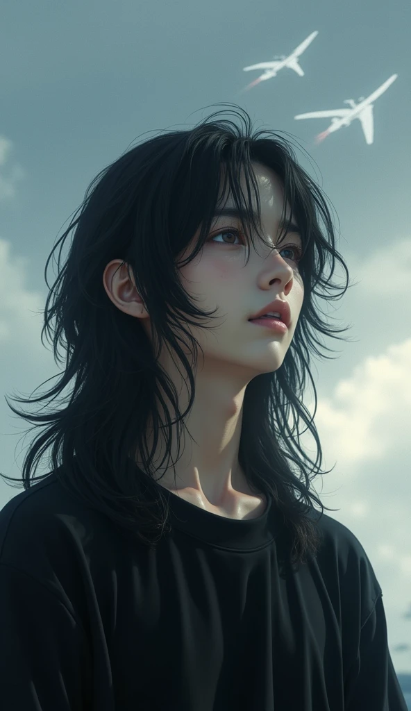 Boy with depression、Japanese、Beautiful Boy、Long Hair、Black T-shirt、Ultra Close-Up、Close-up of face、Real、Contrail、Looking up at the sky、Cloudy、Highest quality、Masterpiece