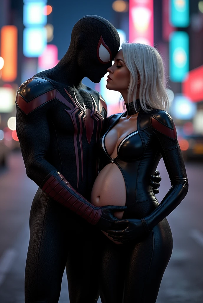 A stunning portrait of Spider-Man in his black suit holding Felicia Hardy as the marvel character Black Cat, young and beautiful, hyper realistic, real portrait, backlit, exquisite features, cleavage, sexy, seductive, her hair is white, she is wearing a black leather body suit unzipped to her belly button, location is city at night. Neon lights, large breasts, athletic body, narrow waist, wide hips, she is nine months pregnant, her belly is exposed, Spider-Man’s suit is only black and white