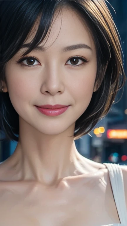 Cute wife、1 person,Slim face ,8k,Super Realistic image quality,Dynamic Shadows,Sparkling eyes,Clear black eyes,Cinema Lighting,Dark back alley,night,Darkness of the city,suit, ((face close up:1.5)),((Smile)),((Random short hair)),((Very short bangs)),close, 8k, RAW Photos, Highest quality, masterpiece,Realistic, photo-Realistic,Cowboy Shot
