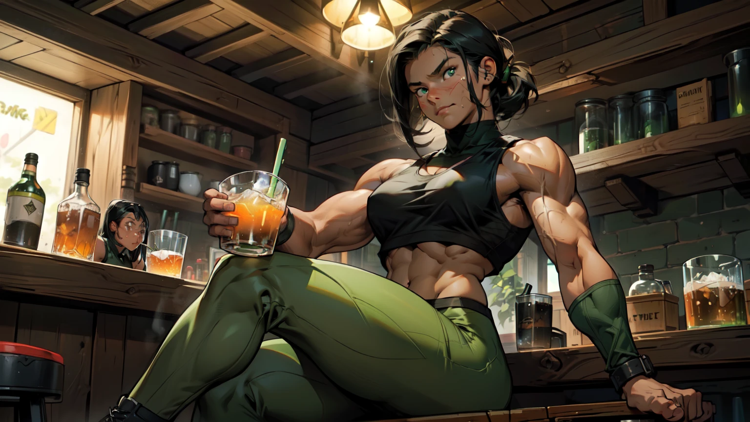 (Young woman 20 years old, 1,70 m with 65 kg, athletic body fitness with combat training), fair brown-skinned, eyes browns, robust and defined bone structure with well-developed muscles in the legs and back, ((((Natural facial expression)))), (((sitting having a drink))), (((short black hair, Smooth and thick))), ((wearing combat uniform with green tights and black tank top)), (((inside a tavern))), ((((face framing))))
