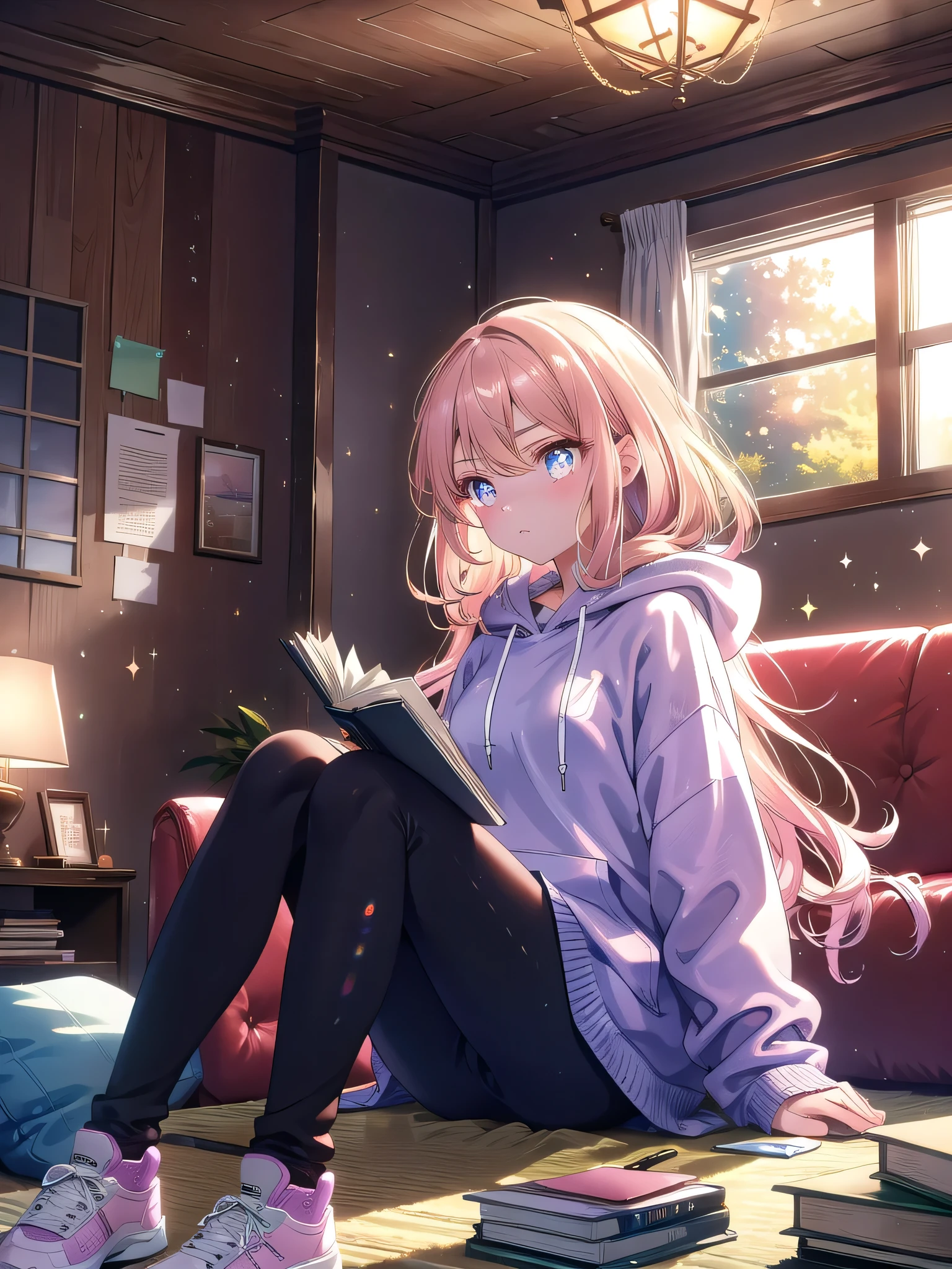 ((8k, Highest quality, masterpiece: 1.3)),Ultra-high resolution,(1 girl, alone), (Color changing eyes, Ultra-detailed, Expressive brilliance, Glitter, Glowing Eyes), Highly detailed eyes, Highly detailed face, Random Hair, ((pastel colour))A young girl with straight, chestnut hair sits on the living room floor, surrounded by textbooks and notes. She’s dressed in a casual hoodie and leggings, comfortable for a long study session. Her expression is serious and focused, her brow slightly furrowed as she works on a difficult math problem, but she occasionally looks up at the camera with a thoughtful, inquisitive gaze. The living room is cozy, with a large couch in the background, and the coffee table is cluttered with school supplies. The soft light from a nearby lamp adds a warm glow to the room, creating a comfortable study environment.
