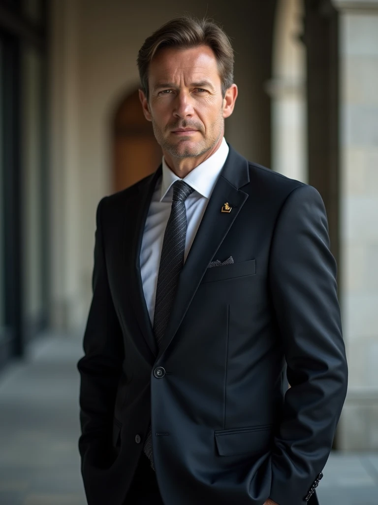 A professional man in a classic 3/4 pose, dressed in a dark business suit, appearing in a formal and polished setting. This profile photo is ideal for social media, with the man displaying confidence and sophistication typical of business professionals. The background is simple and slightly blurred to maintain focus on the subject, emphasizing his business attire and poised demeanor.