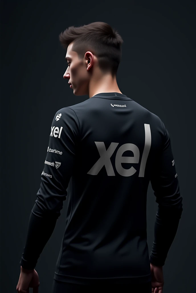 a very close back shot with side pose of a skinny guy wearing a black eSports jersey with long sleeves with sponsorships on the back of the jersey and with "XEL" written on the back with medium letters with black background
