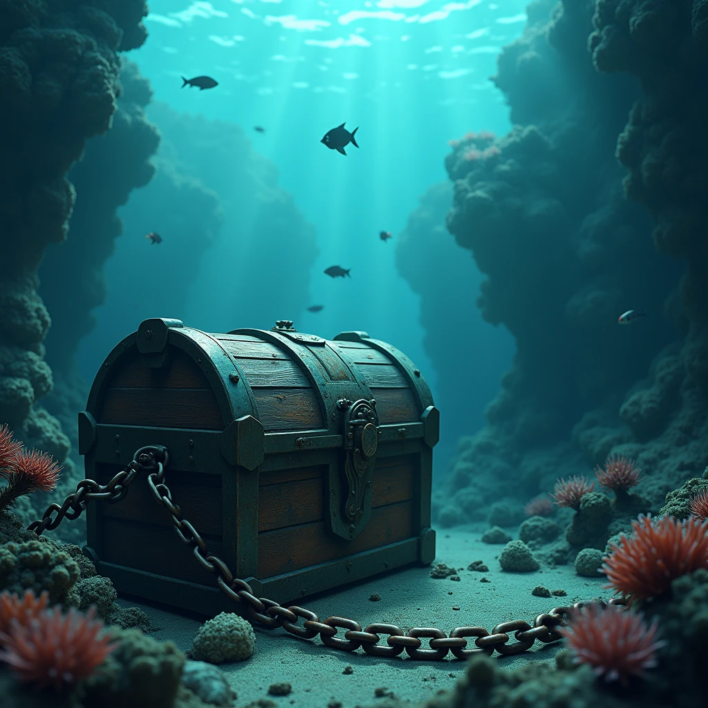 (An old treasure chest with a sunken chain entwined with it, the silence of the deep sea with faint light leaking through, and the silhouettes of coral and fish in the background)