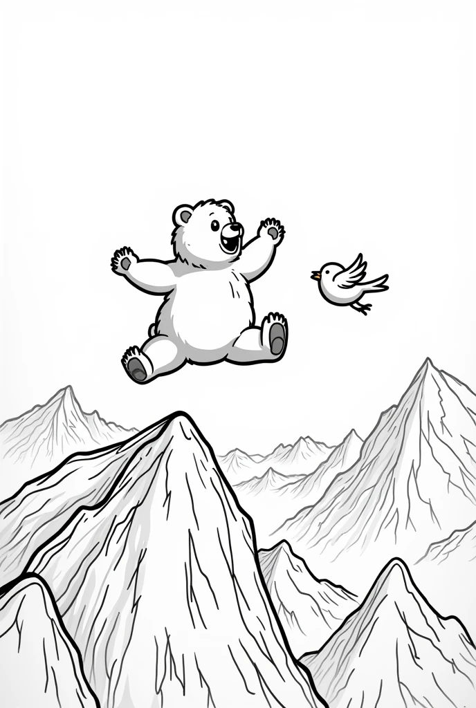 A coloring image of a little kid bear leaping from the peak of a tall mountain accompanied by his bird friend. The bear is mid-air, with its body fully extended as it jumps, capturing a sense of motion. The background features rugged mountain cliffs, a clear sky, and distant snow-capped peaks. . No color, strokes only, cartoon style, white background, thick lines