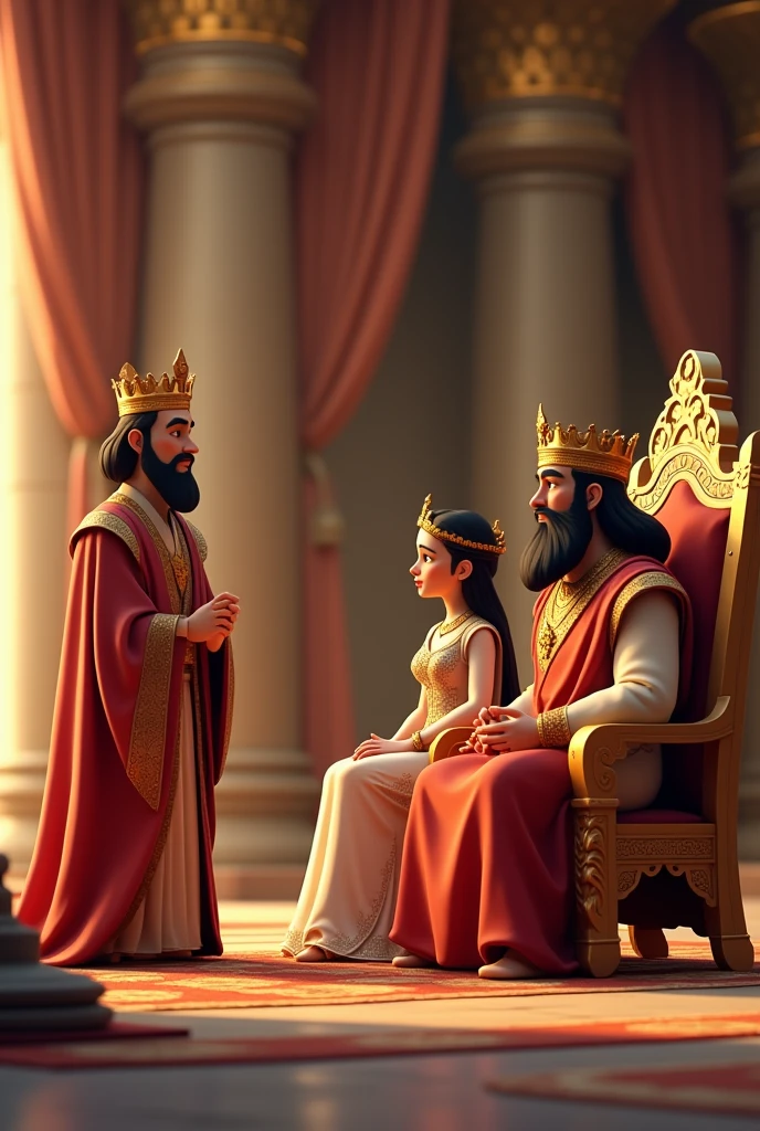 In cinematic 3d cartoon style "The scene is set in an ancient royal court. The king, dressed in ornate robes and a crown, sits on a grand throne. The queen, wearing traditional attire with elegant jewelry, stands beside him. The king is speaking with determination, while the queen listens attentively. A wise priest, clad in simple yet sacred garments, stands nearby, explaining the significance of the Ashwamedh Yagya. The court is richly decorated with pillars, drapes, and golden accents.."
