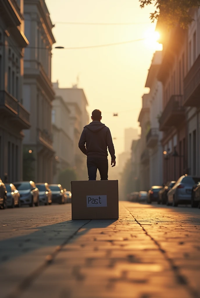 An image where you see a person walking forward and moving away from a box that says past and is in the city of Quito and it is early morning